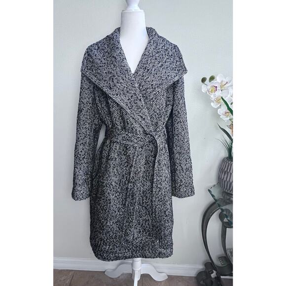 Ann Taylor Wrap Coat Black White Herringbone Tweed Big Collar Wool Size XL - Picture 1 of 8